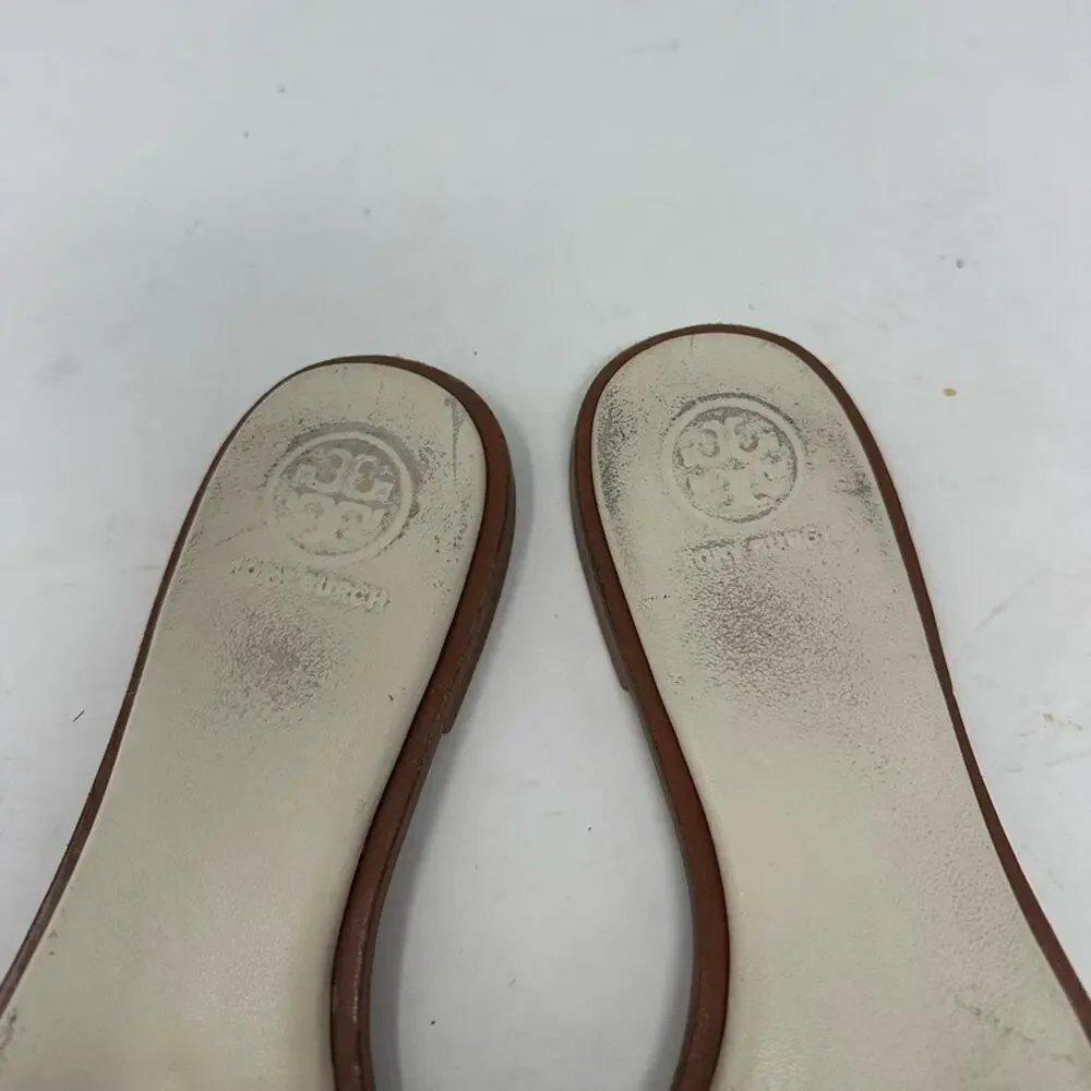 Tory Burch Ines Creme White Leather Slide Sandals Size 7.5 Logo